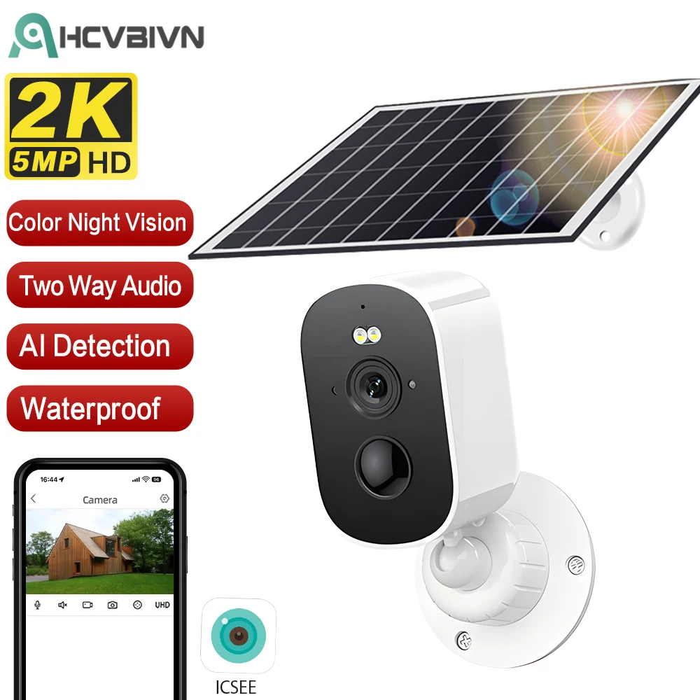 2K HD Wireless Solar Security Camera Outdoor 5MP Wifi Connection 4800mAh Rechargeable Battery IP66 Waterproof PIR Human Motion Detection Smart Alarm Night Vision Two Way Audio