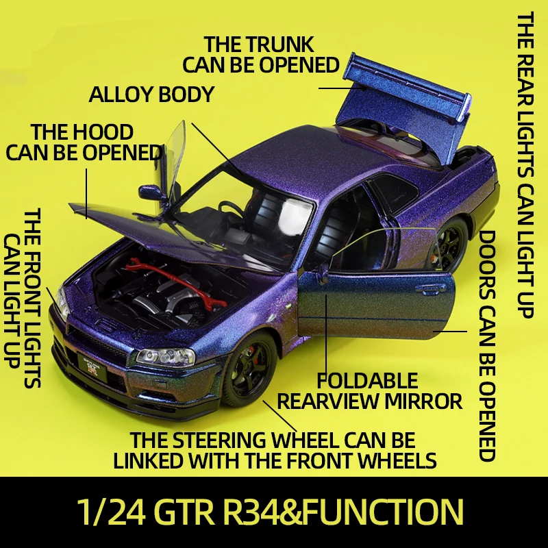 1:24 GTR R34 Skyline Super Sports Car Alloy Model Diecast Metal Vehicle Toy BoyHot Wheels Fast and Furious  One Piece Pull Back