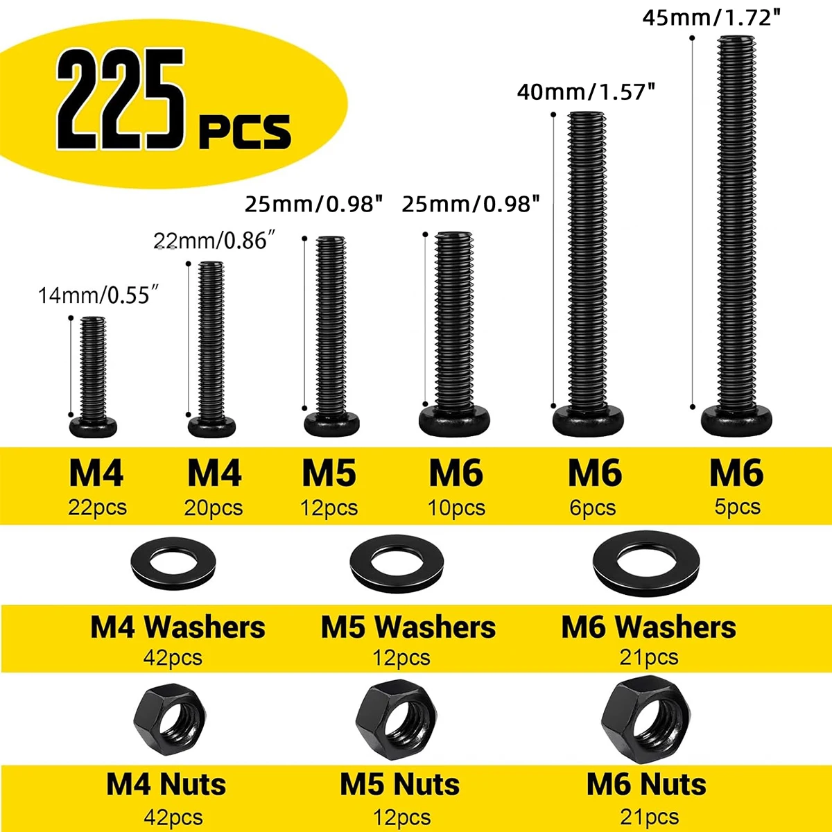 225 قطعة M4 M5 M6 الصف 8.8 الكربون الصلب عبر الجوز ومجموعات الترباس