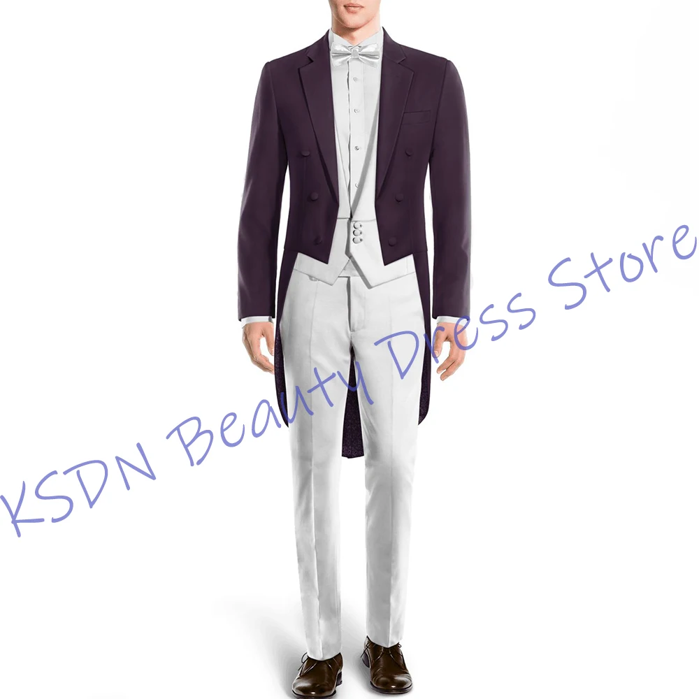 Elegante profundo roxo duplo breasted tailcoat smoking três peças (jaqueta + calças + colete) conjunto formal casamento noivo traje