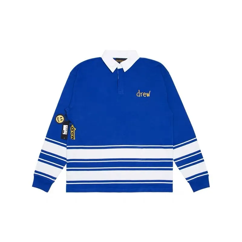 Camiseta de Rugby a Rayas Azules Vintage de Drew House, Unisex, Manga Larga, Polo con Logotipo Bordado, Estampado de Hoja de Arce, Ropa Casual de Calle
