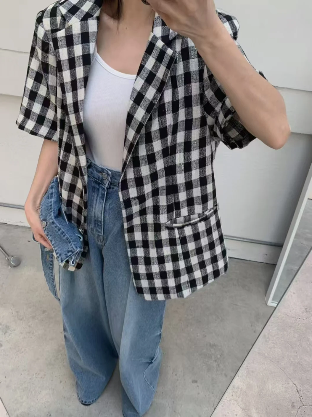 

Женский клетчатый пиджак с цветовыми блоками, с подплечниками, коротким рукавом, приталенный крой, модный, универсальный, для офиса и повседневной носки