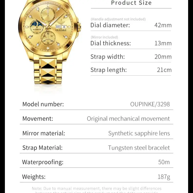 OUPINKE 3298 Top Luxury High Men\'s Watch Fully Automatic Mechanical Watch Multi functional Tungsten Steel Diamond Calendar Watch