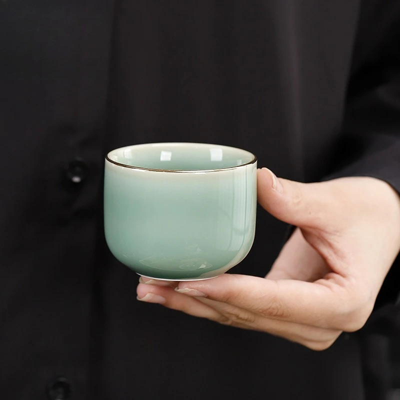 Celadon Glaze Ceramic Tea Cup Straight Cylinder Master Bowl Japanese Minimalist Style Gongfu Tea Ware for Home Use