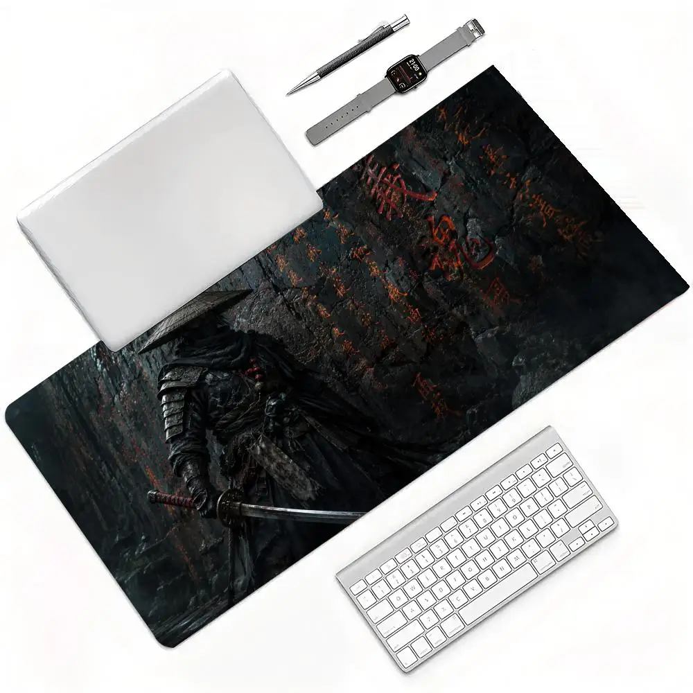 Traditional Asian Samurai Warrior Katana Grunge Wall Ink Painting Extended Mouse Pad, Wear Resistant Non-Slip Base