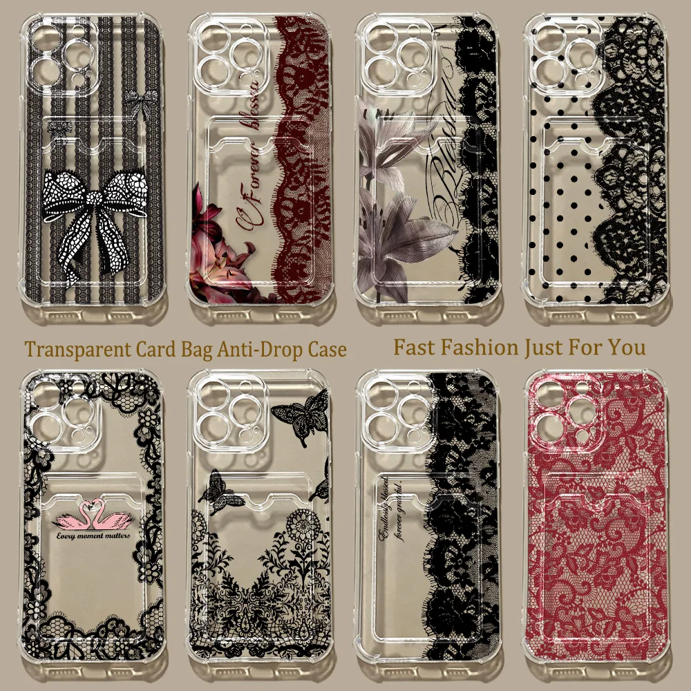 HOT Spitzenmuster-Kartenhalter-Hülle für iPhone 17e 17 16e 16 15 14 13 12 11 Mini Pro Max Air Plus Sturzsichere Transparente Abdeckung
