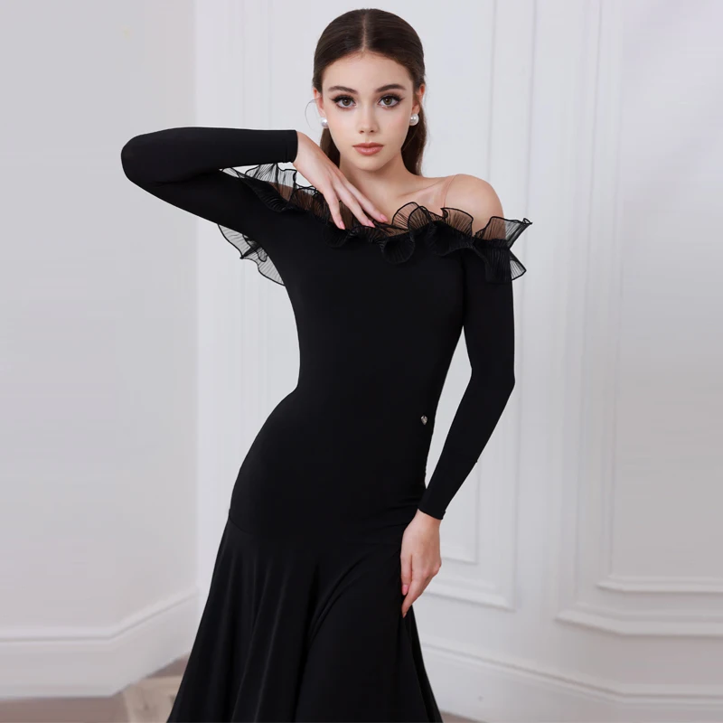 High-End Ballroom Dance Performance Dress For Women Black Lace Edge Latin Dance Dresses Adults Professional Dancing Suit SL13564