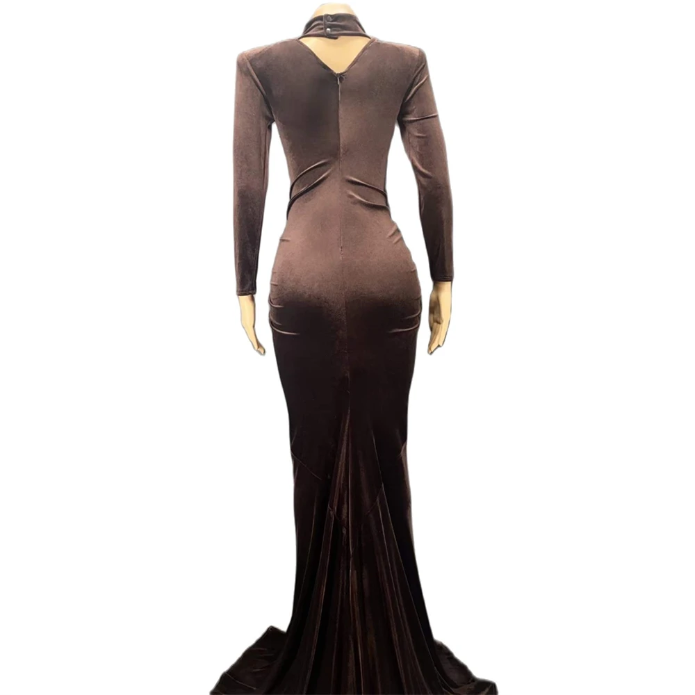 Vestido de noche elegante para mujer, traje Sexy de terciopelo con diamantes de imitación dorados brillantes marrones, ropa dividida para fiesta, cantante de escenario