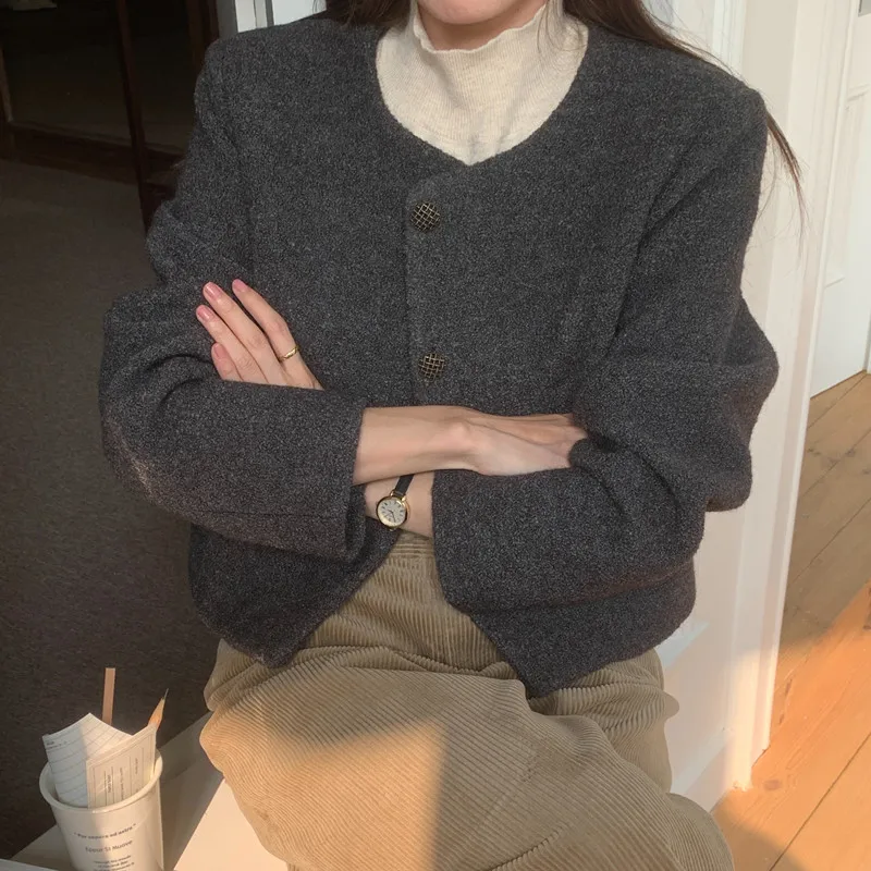 

Chic Retro Woolen Coat Women's ort round Ne Single Button Faionable Small Stature Tweed Top Commute Sle Long Sve