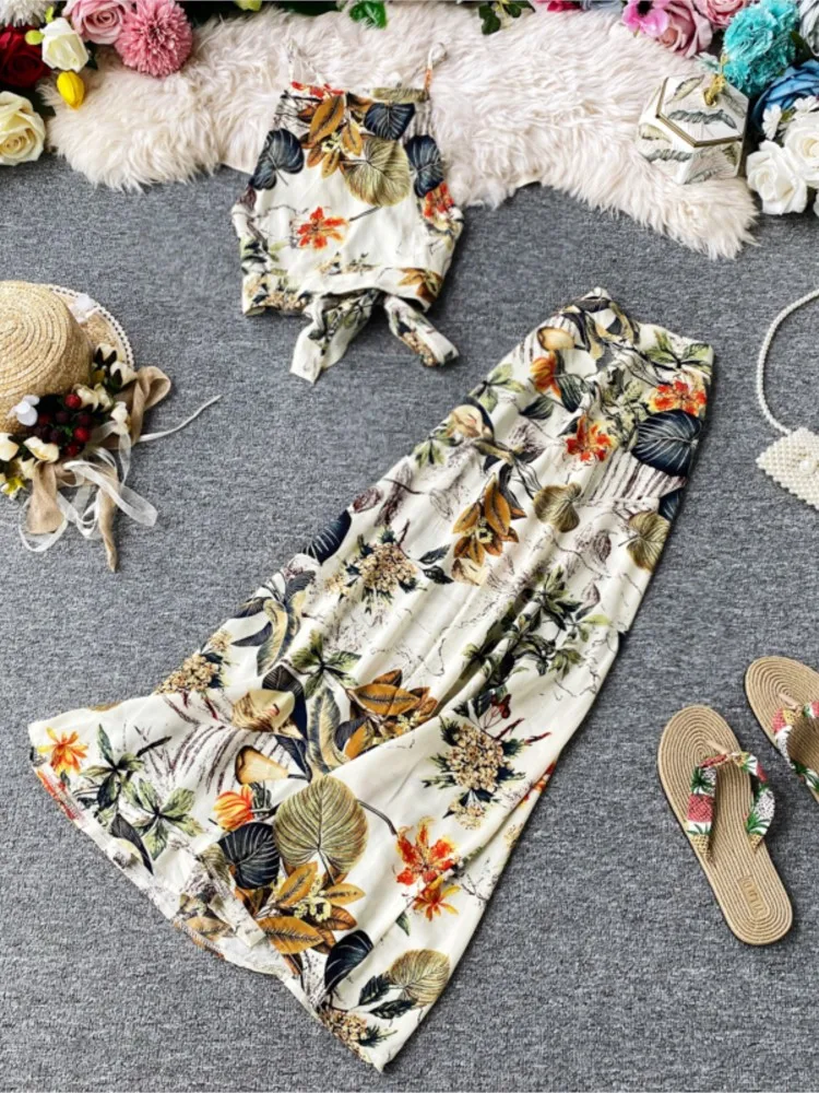 Summer Elegant Floral Skirts Suit Women Spaghetti Strap Tanks Top High Waist Saya Two Pieces Set Female Beach Occasion Clothes