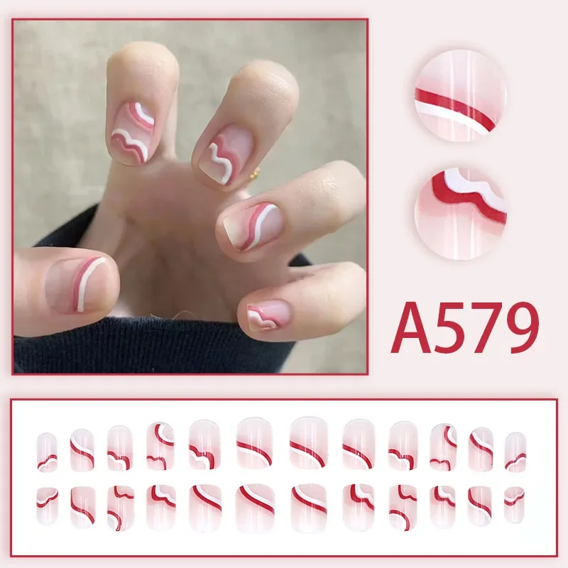 24Pcs/Set French Simple Round Head Removable Press-On Nail Tips Full Cover Acrylic Wearing False Nails Adhesive Short Fake Nails