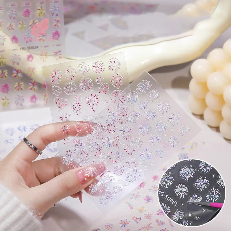 

1PC Laser Firework Nail Stickers 3D Self-Adhesive Blooming Fireworks Nail Art Decals New Year Firework Design Nail Slider 10*8cm