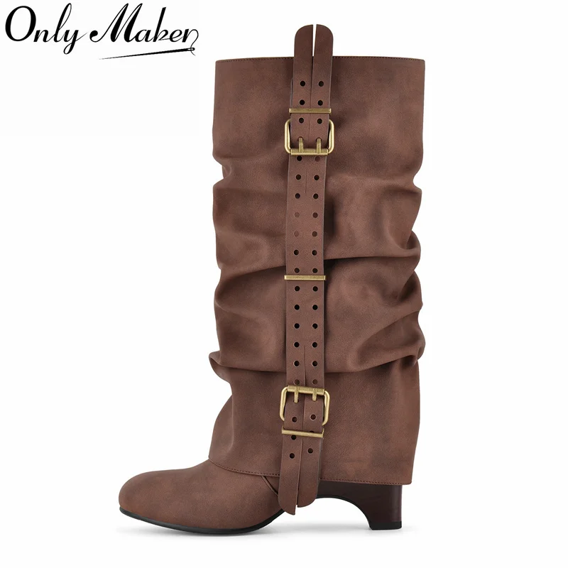 Onlymaker Women Brown  Round Toe  Ruched Slouchy Knee High Boots Buckle Low Heel Pleated Casual Elegant Retro Fashion Boots