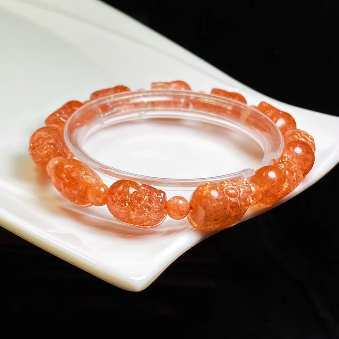 Natural Arusha Orange Strawberry Quartz Sunstone Bracelet Orange 9*9*13mm Pi Xiu Clear Round Beads Crystal Women Men AAAAAA