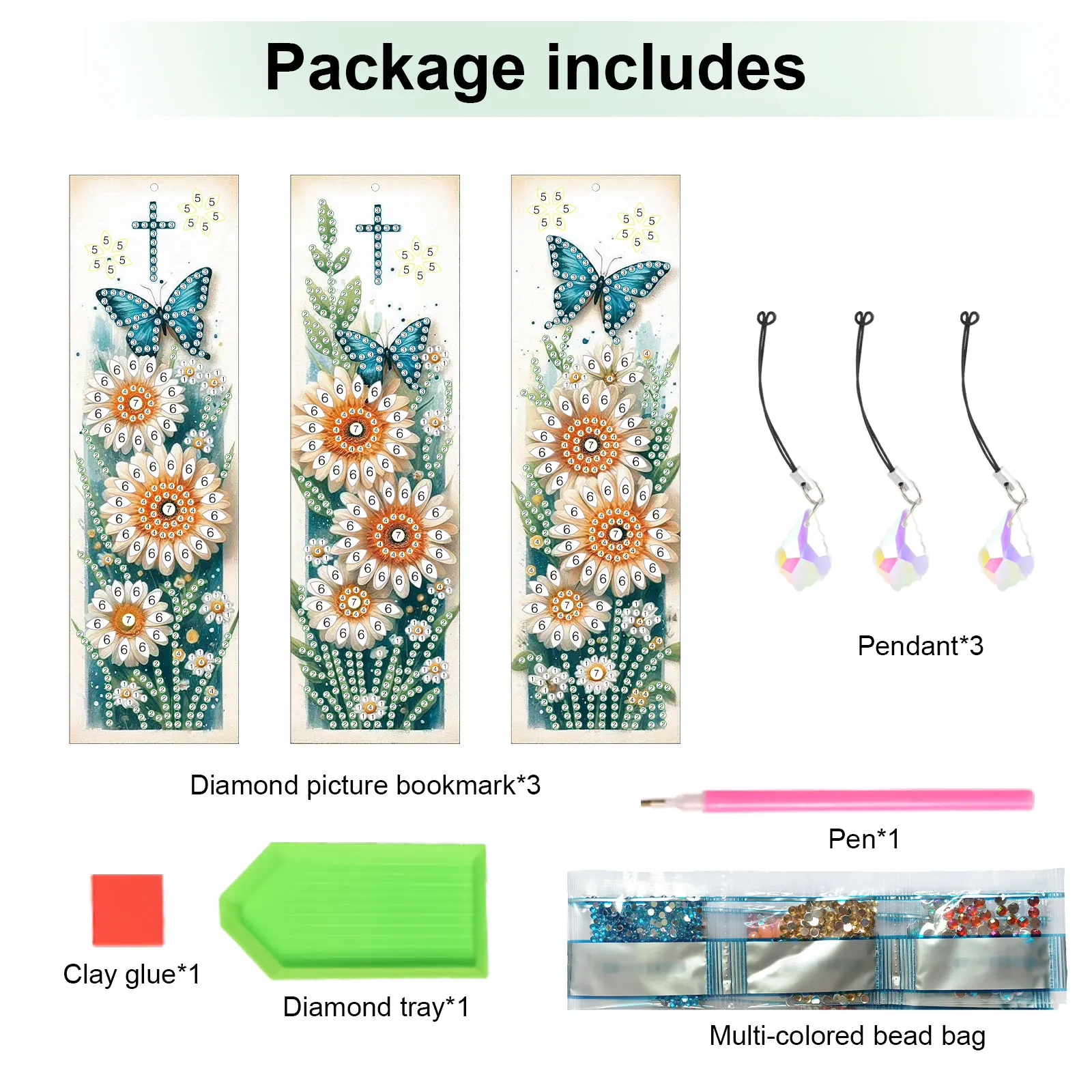 3 szt. Diamentowe zestawy do malowania zakładki dla początkujących, mała stokrotka zakładka Bling kryształowy wisiorek zakładki do domowego biura prezent