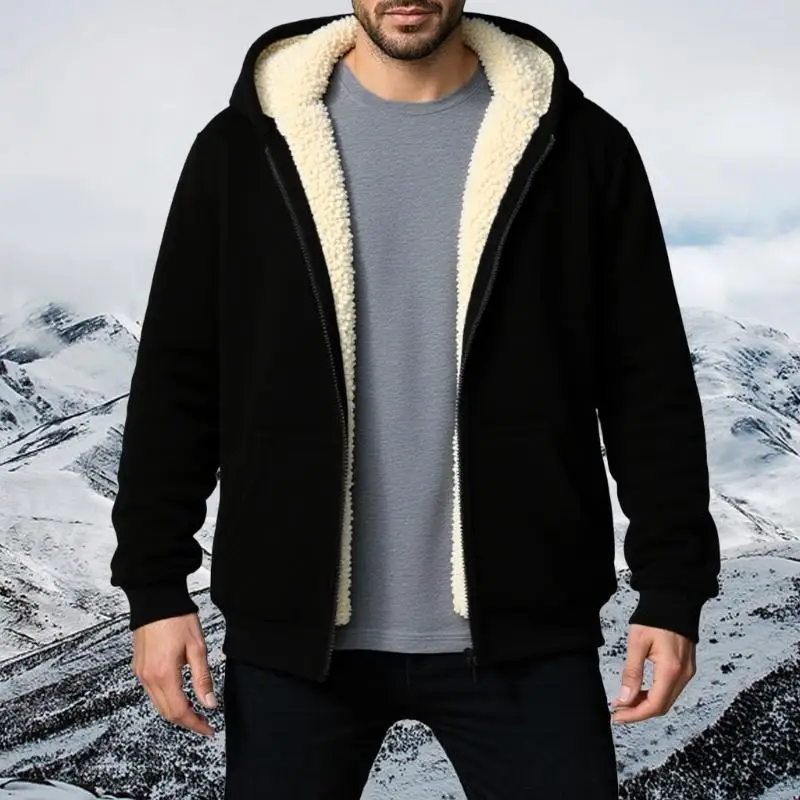 Winter Fleece Lined Zip Up For Men With Hood Thick Insulated Coat Windproof Outdoor Activity Wear Cold