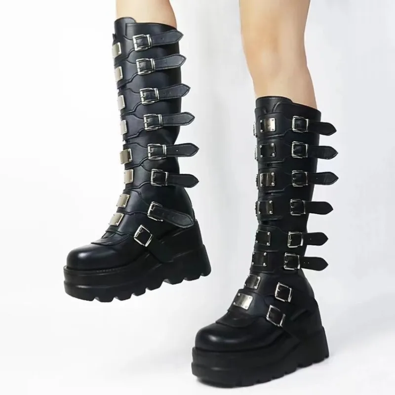 

Womens Knee High Boots Fashion Gothic Boots Metal Buckle Punk Boot Height Increasing Platform Boots Women Motorcycles Boot Botas