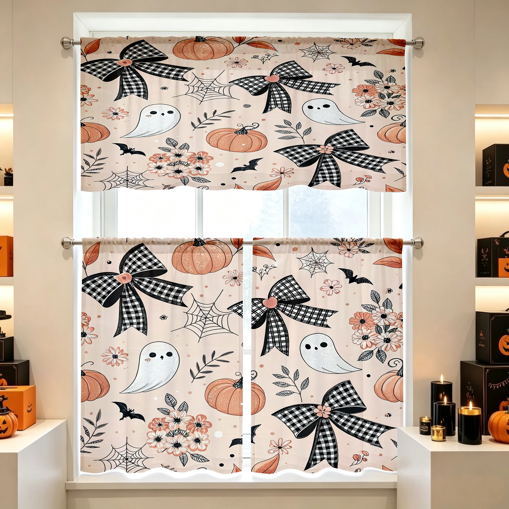 Halloween Fall Kitchen Curtains, Bat Moon Star Stripe, Digital Print, Kitchen Dining Room, Rod Pocket Polyester, Home Decor