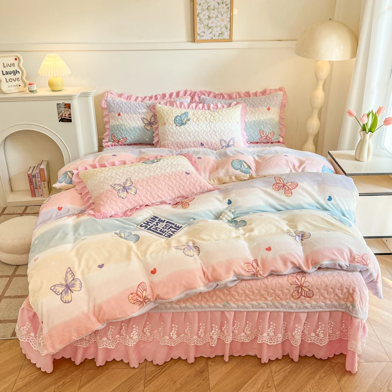 Colorful Striped Milk Velvet Duvet Cover Soft Thick Cartoon Butterfly Bedding Comforter Cover King Letter Print 1pc Quilt Covers