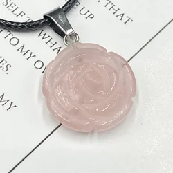 Natural Pink Crystal Carved Rose Flower Pendant Quartz Jewelry Charm Chain Necklace for Women Valentine's Day Gift
