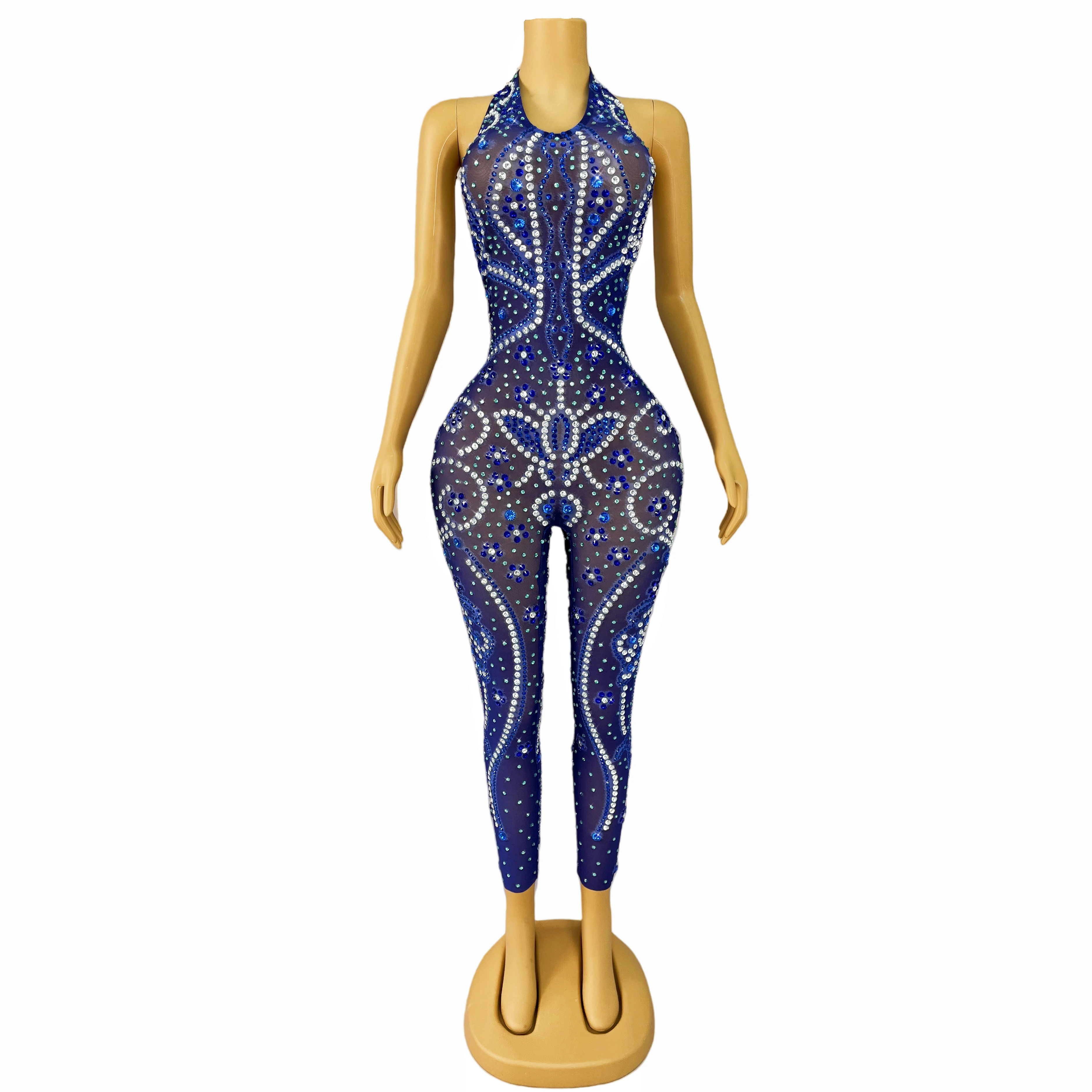 

Special Perform Costumes Shining Blue Rhinestones Mesh BacklessJumpsuits Women Bar Party Singer Dancer Strech Bodysuit Hualianye