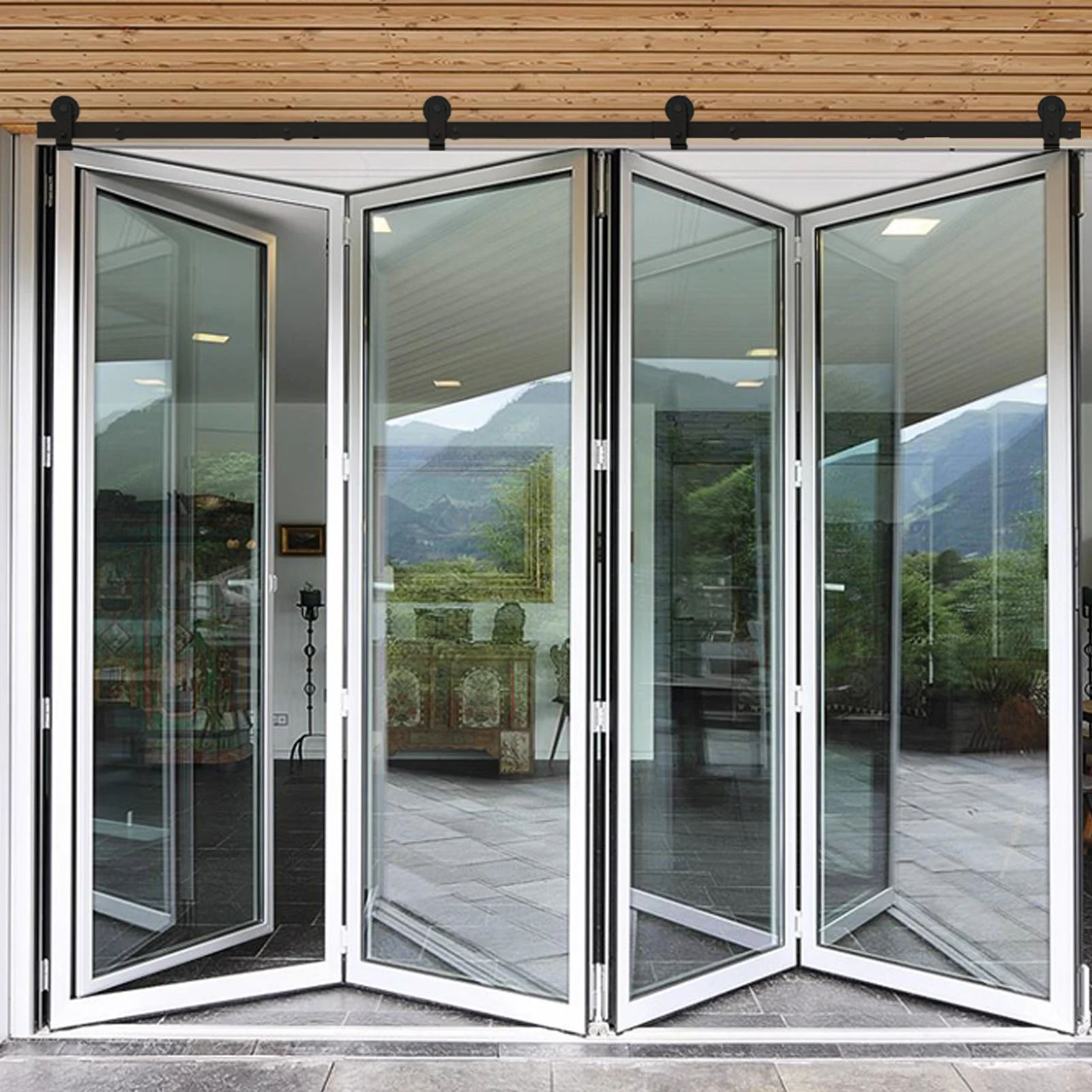 أجهزة باب الحظيرة 76 بوصة أسود ثنائي الطي مسار الباب المنزلق الثقيلة باب المزرعة الأجهزة تنوعا انزلاق الحظيرة