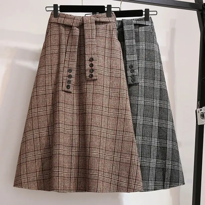Khaki Plaid Vintage A-line High Waist Lace Up Buttons Loose Women\'s Skirt Mid-Calf Long Skirts For Women Clothing Fashion 2024
