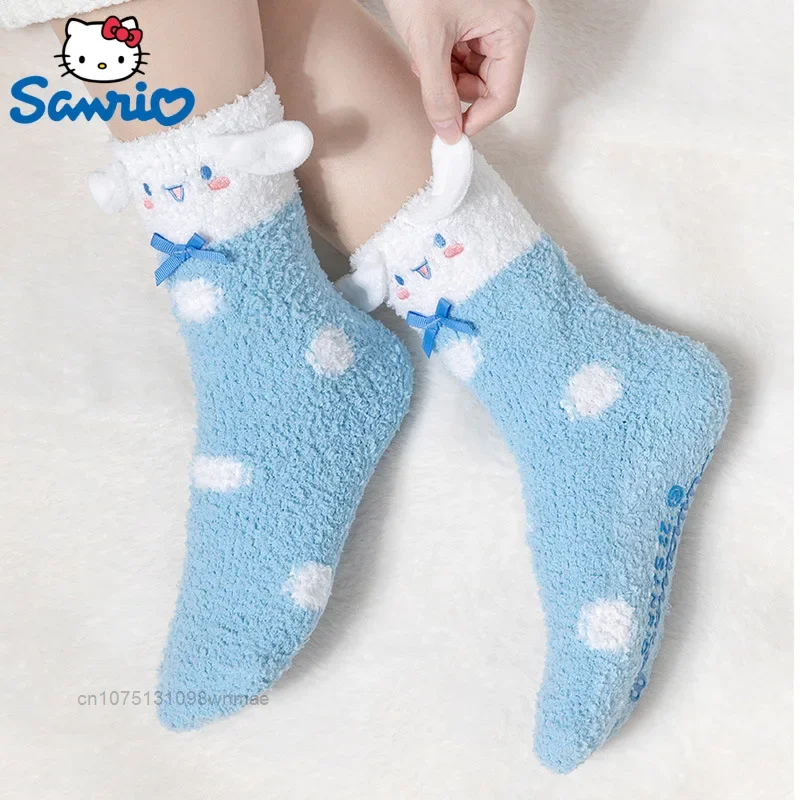 Sanrio Cinnamoroll Melody Kuromi Pochacco 4 Pairs of Sleep Socks Winter Coral Plush Socks Cute Cartoon Warm Thick Home Socks