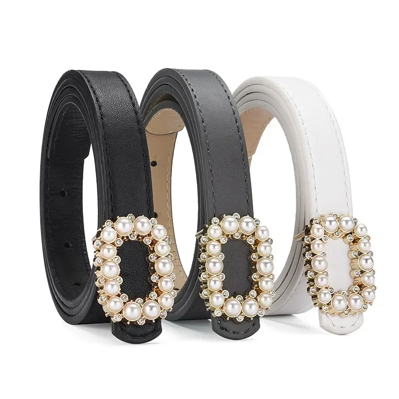 Beautiful Pearl Buckle Belts for Woman 100cm Solid Color PU Belts Woman One-piece Dress Coat Belts