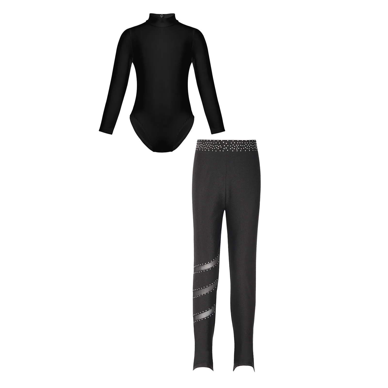 2Pcs Kids Girls Gymnastics Ballet Workout Bodysuit Sports Set Long Sleeve Mock Neck Leotard with Leggings for Dance Competition
