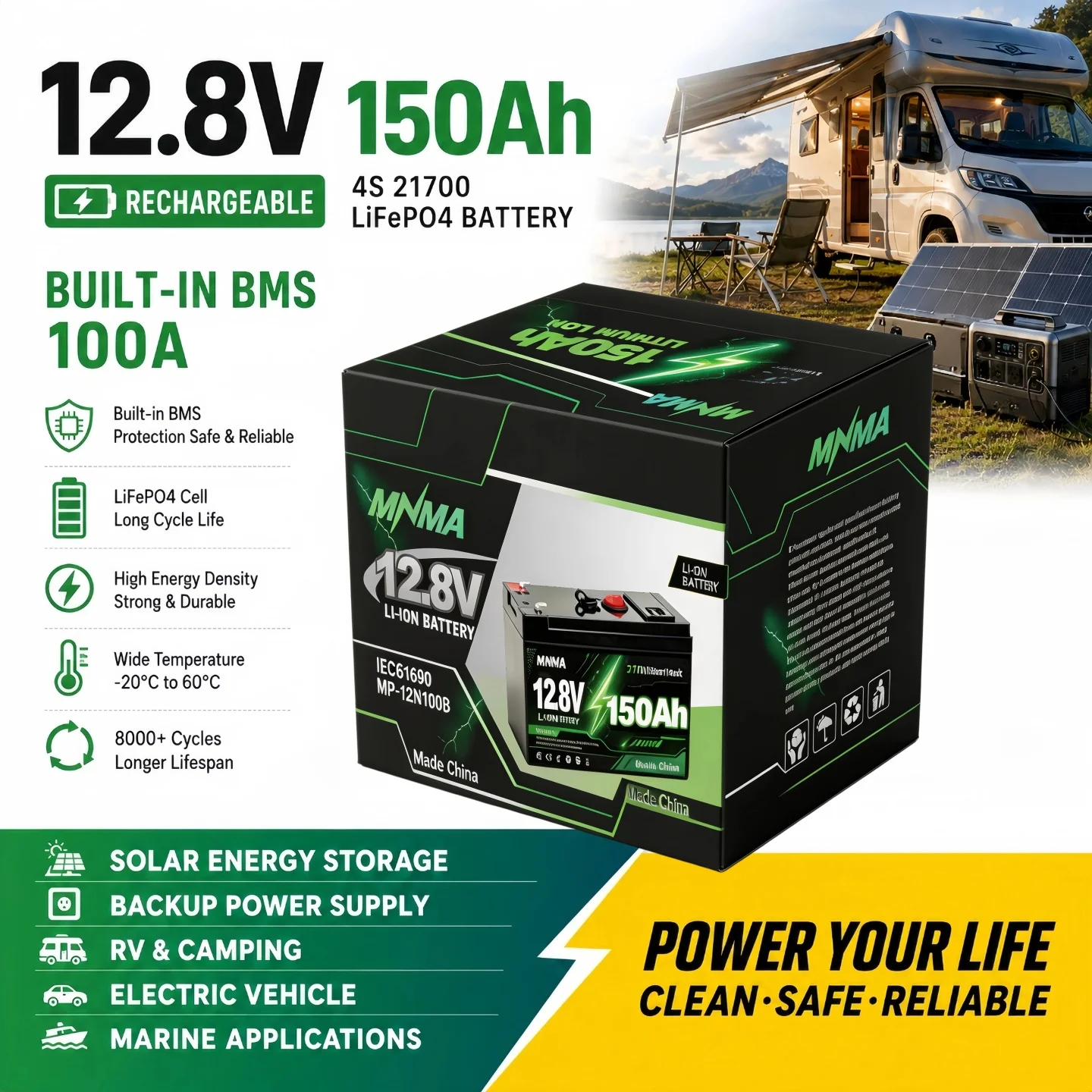 12.8V 150Ah 1920WH lithium iron phosphate battery  built-in 100A BMS for solar/off grid appliances/ships 6000+cycles