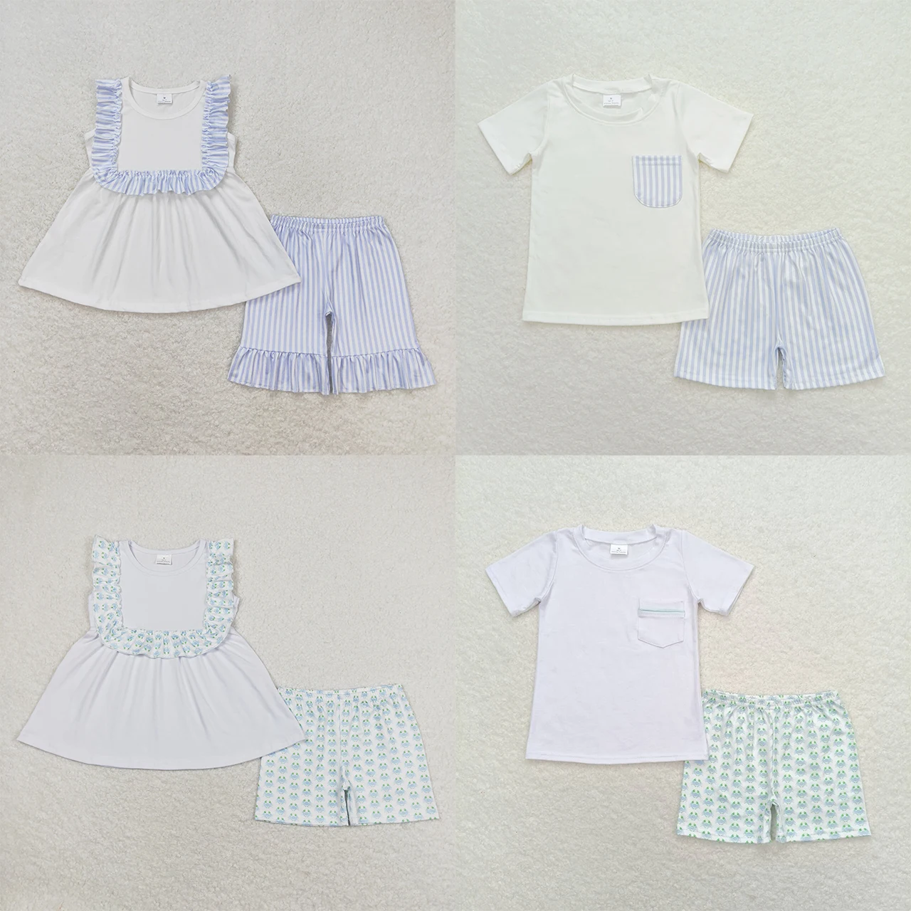 

Wholesale Toddler Short Sleeves White Cotton Tops Kids Blue Stripes Shorts Baby Boy Girl Sets Children Summer Infant Outfits