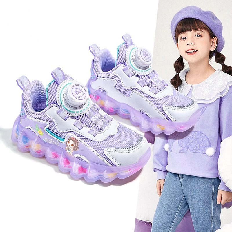 Disney Princess Children's Rotary Buckle Shoes Fashion Girls Breathable Casual Cartoon Sneakers 2023 Autumn New Running Shoes