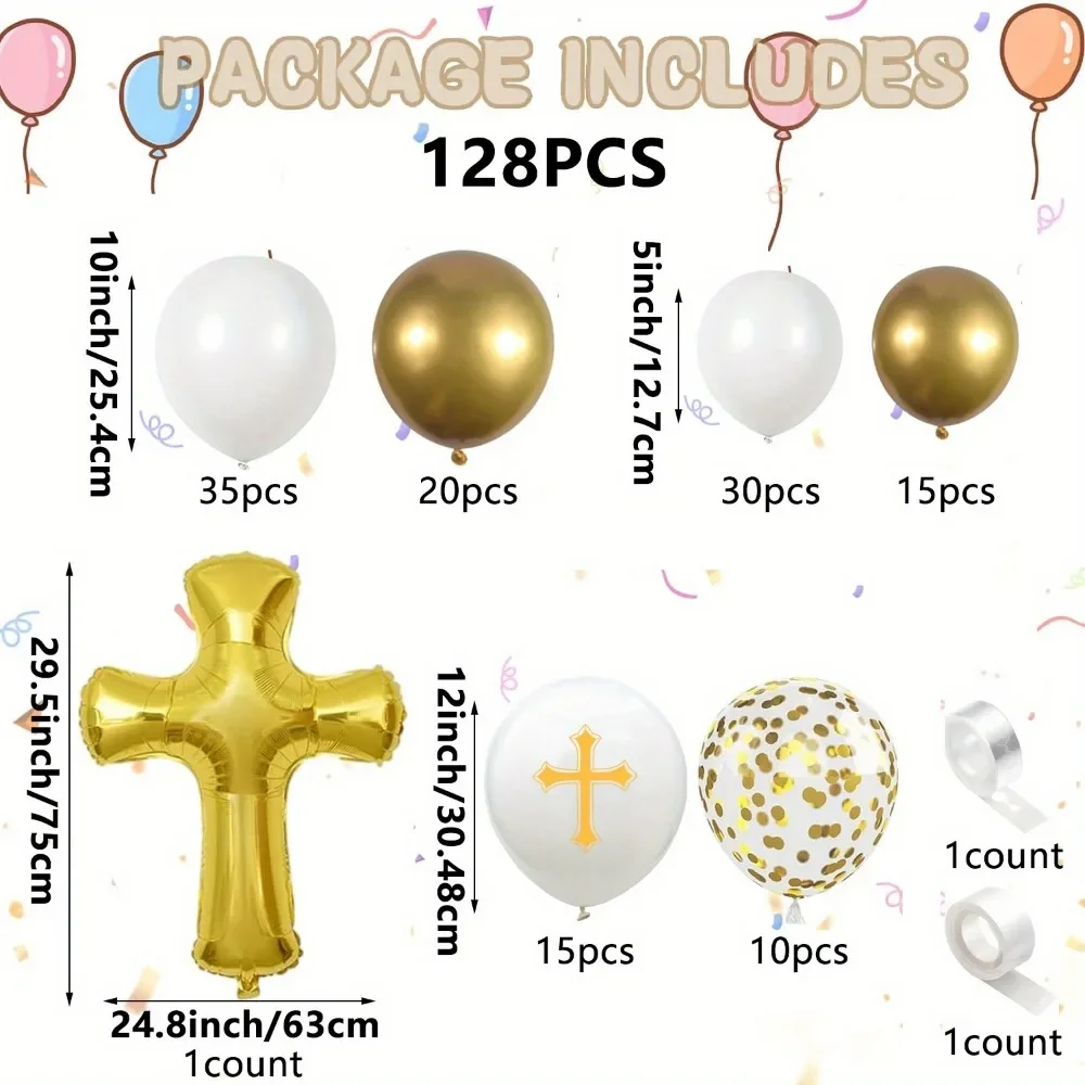 128PCS Eucharist and Baptism party decoration kit containing cross foil balloons for celebrating the first Communion with God
