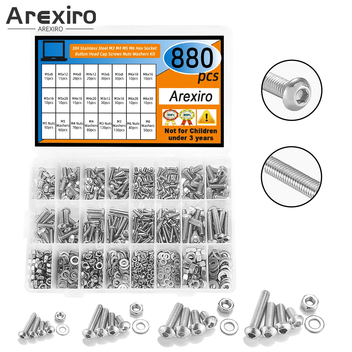 

880Pcs 340 Stainless Steel Screws Metric Screws Assorted M6 M5 M4 M3, 6mm-30mm Hex Socket Button Head Bolt Nut Washer Set
