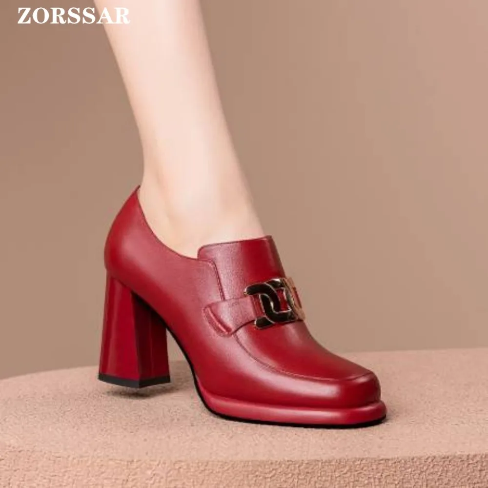 

2024 Spring New Women Pumps Platform Square High Heels Soft Genuine Leather Work Shoes For Office Lady Pointed Toe Red Wholesale