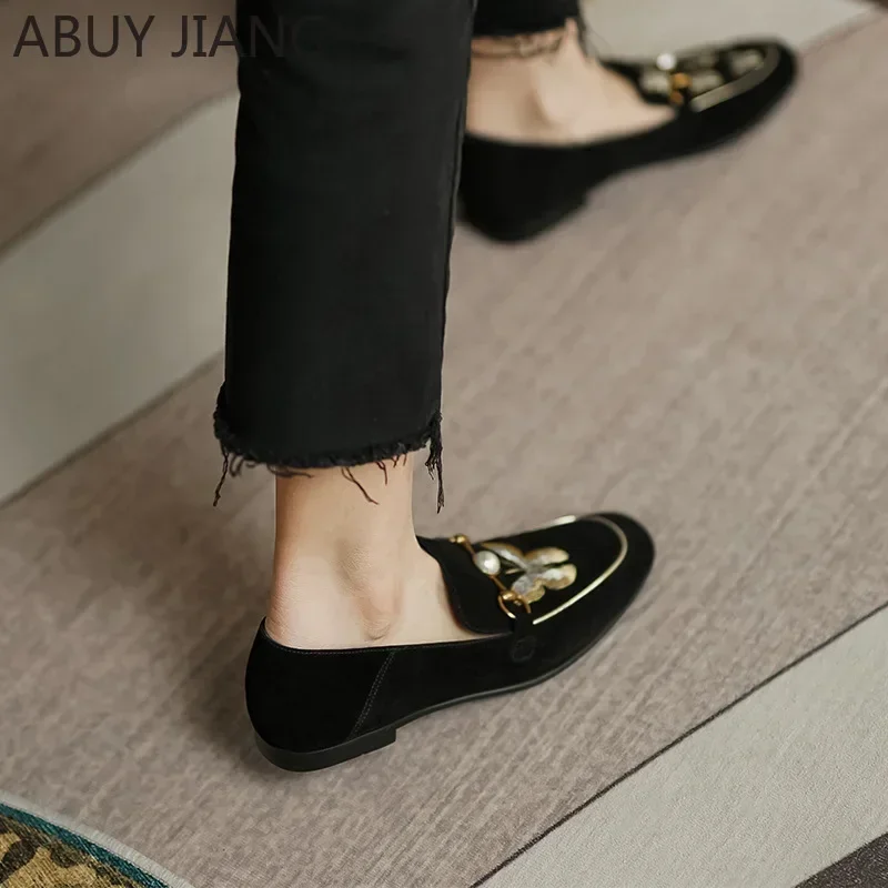 2024 Spring Autumn Pearl Embroidered Bee Women Shoes Flat Shoes Loafers Comfortable Work Flat Shoes Single