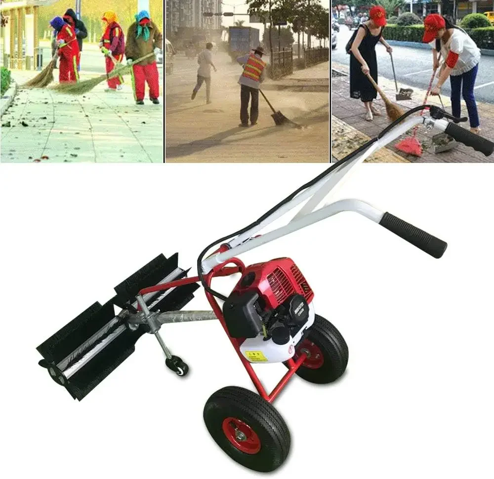 Power Broom Trolley, Gas Walk Behind Tractor Dirt Cleaner Snow Sweeper Cleaning Tools