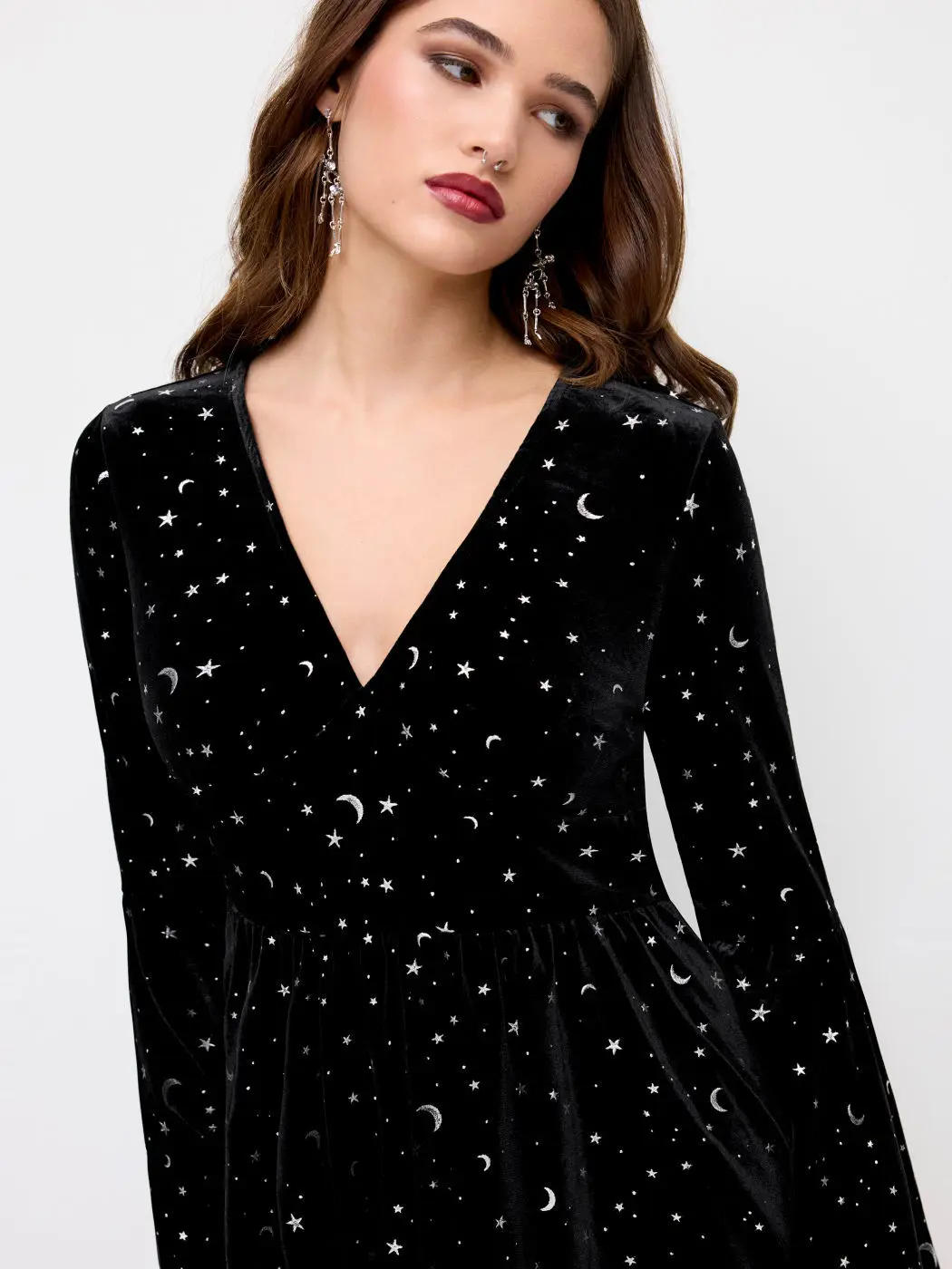 

Star Print V Neck Dress Long Sleeve Christmas Party Dress Elegant A Line Midi Dress Stylish Holiday V Neck Gown For Women