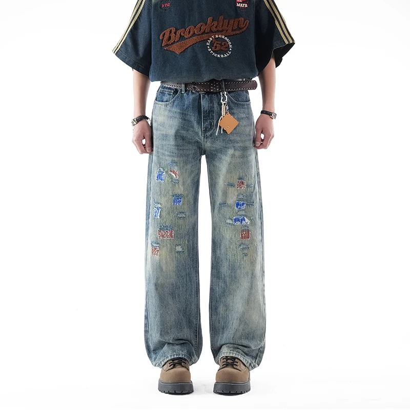 

Men Heavy Craft Distressed Wide Leg Jeans Vintage Washed Patchwork Baggy Streetwear Male Denim Trousers No Decorations