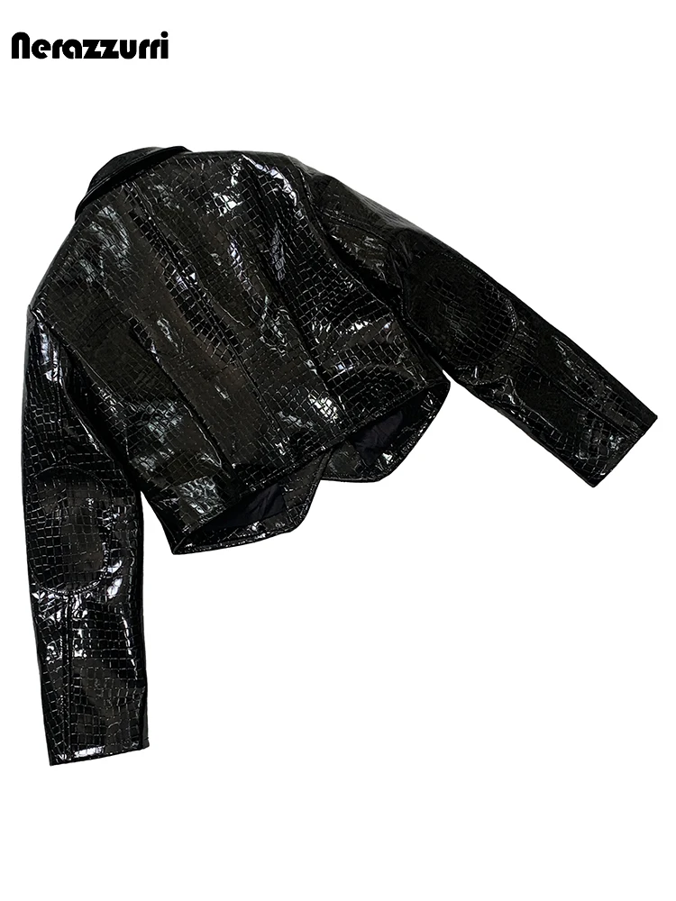 Nerazzurri Primavera Autunno Breve Lucido Riflettente Nero Coccodrillo Stampa Pu Giacca in Pelle da Donna Elegante Chic Vestiti 2025