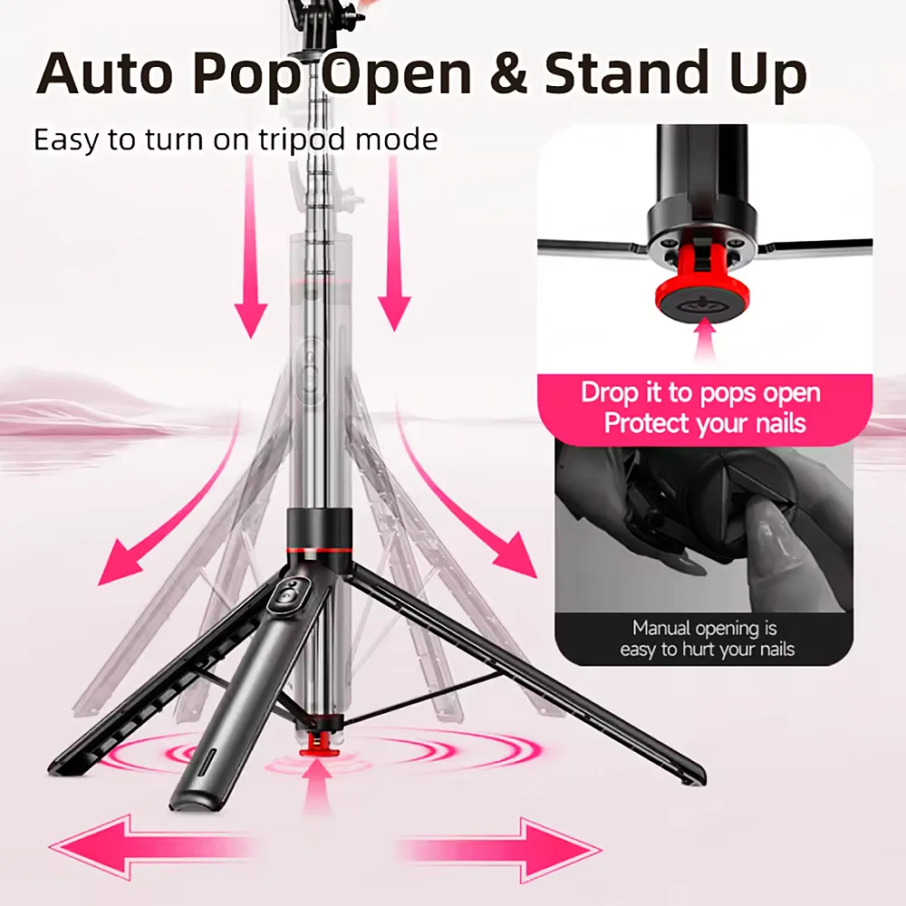 FANGTUOSI Auto Pop Open Tripod Selfie Stick Tripods مع جهاز تحكم عن بعد لاسلكي يعمل بالبلوتوث، ضوء ملء اختياري لتصوير الهاتف المحمول
