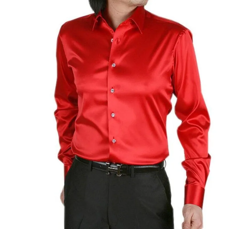 Free Shipping Men's Fashion Shirts Faux Silk Glossy Wedding Dress Plus Size Men Shirt Slim Business Casual Shirt Male Clothes