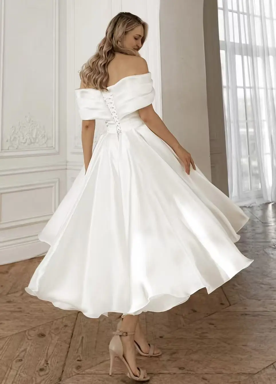 Ninfa lvory Abito da sposa in raso con spalle scoperte Una linea Abiti da sposa Donna Elegante caviglia Abiti da sposa PersonalizzatiVestido de novi
