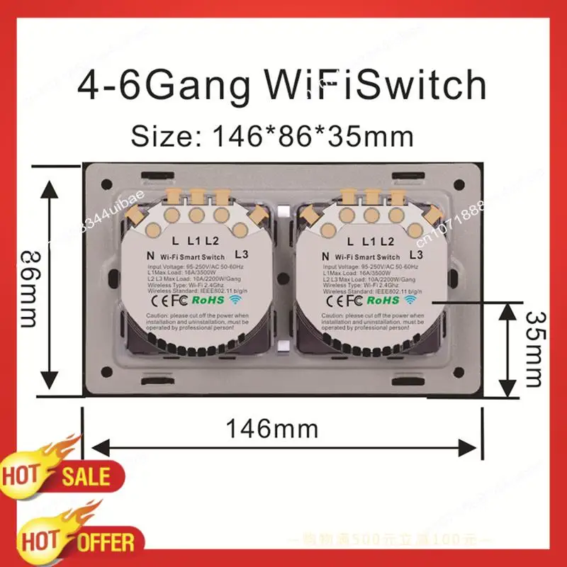 B47C Wifi สมาร์ทสวิตช์ไฟผนัง 10A แผงสัมผัสกระจกไร้สาย Interuptor รีโมทคอนโทรลไร้สาย