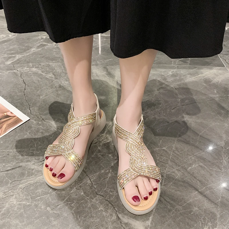 2022 Summer Rhinestone Sandals Fashion Women's Flat Shoes Casual Platform Sandals Crystal Bling Wedges Open Toe Beach Slides