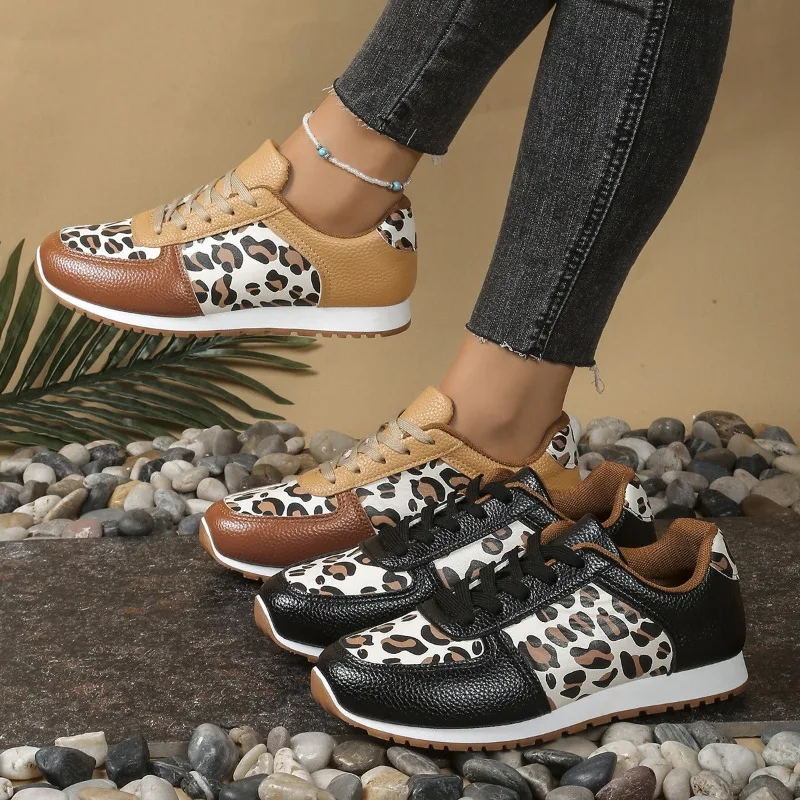 

2025 New Thick Soled Low Cut Lace Up Leopard Print for Women in Plus Size with Leopard Print Patchwork Casual Single Shoes