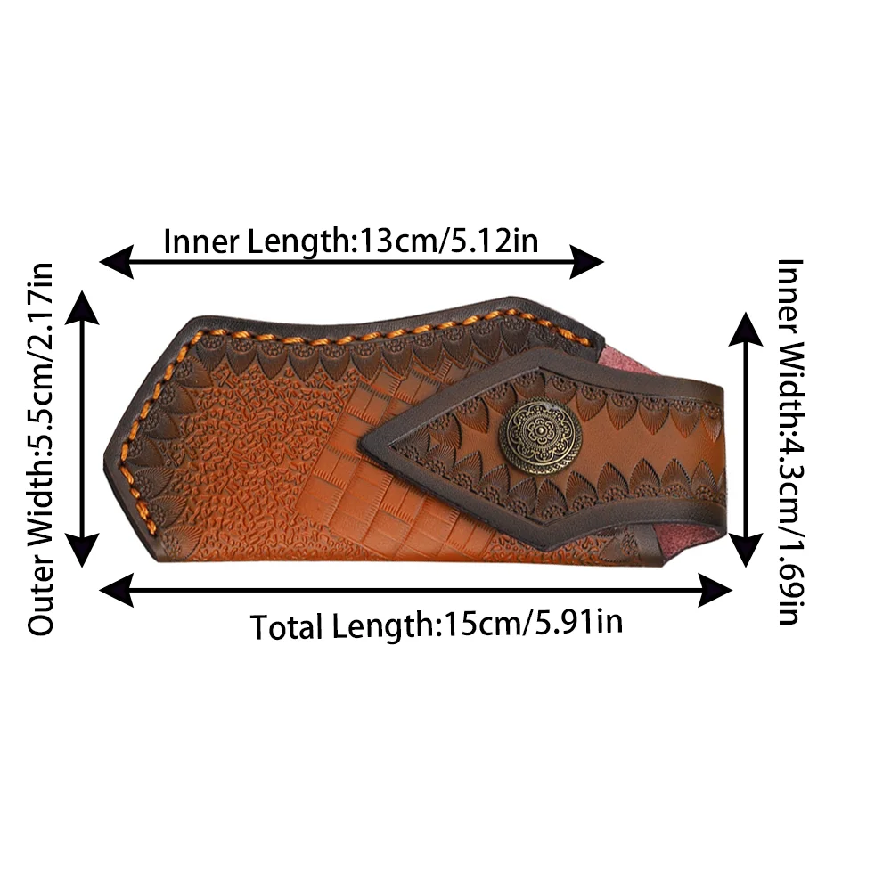 15cm Foling Knife Embossed Cowhide Scabbard Cover Second Layer Leather Sheath Case Camping Knife Holsters Belt Buckle