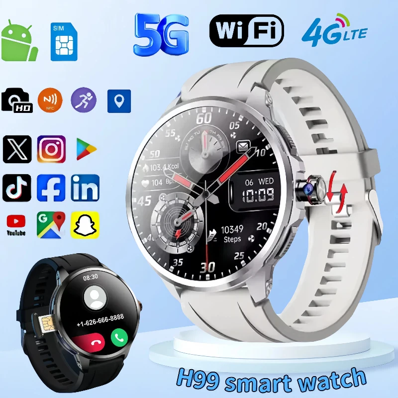

Смарт-часы с полной сетевой 5G/4G для мужчин, 1,95-дюймовый AMOLED-экран 190 ° Вращающаяся камера GPS NFC WIFI Google APPS Android 9.0 Умные часы