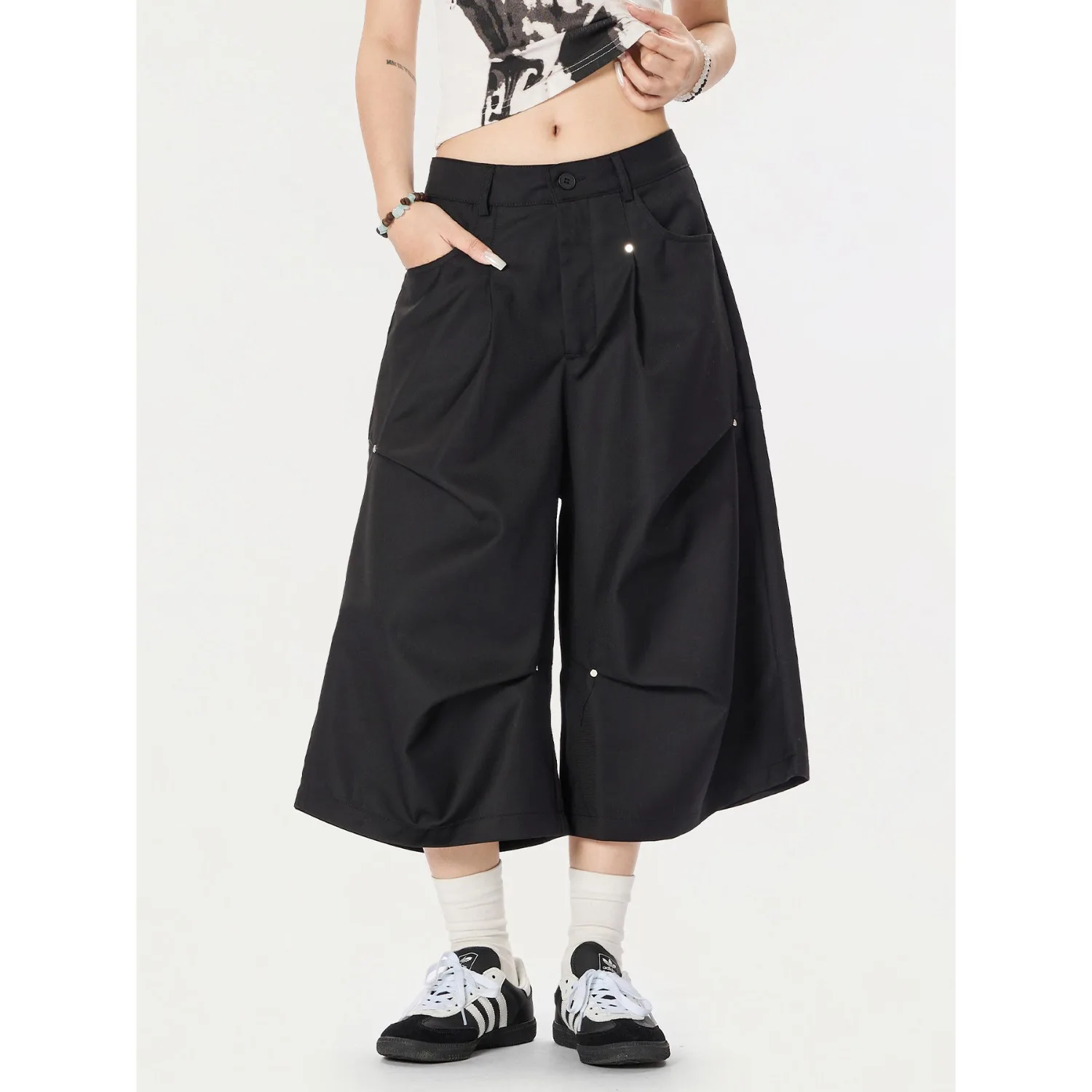 

Men Wide Leg Cropped Pants Loose Fit Straight Casual Shorts High Street Streetwear 7 Length Trousers Vintage Style
